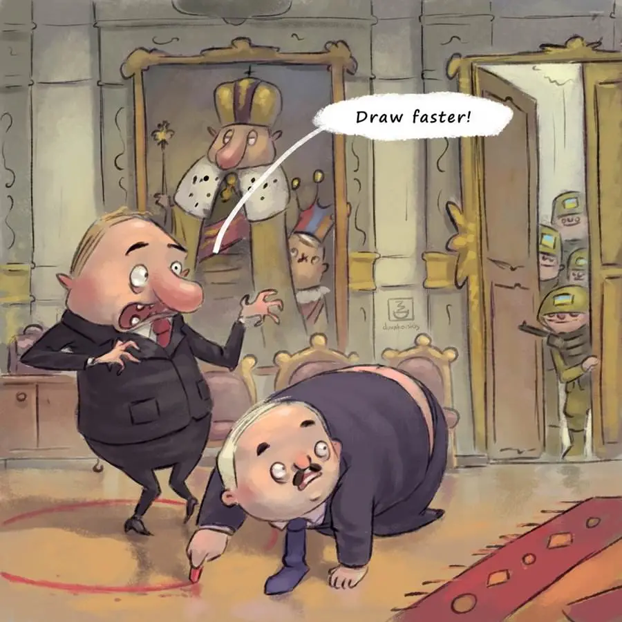 A cartoon depicts a man in a suit angrily shouting 'Draw faster!' at another man who is crawling on the floor and drawing a…