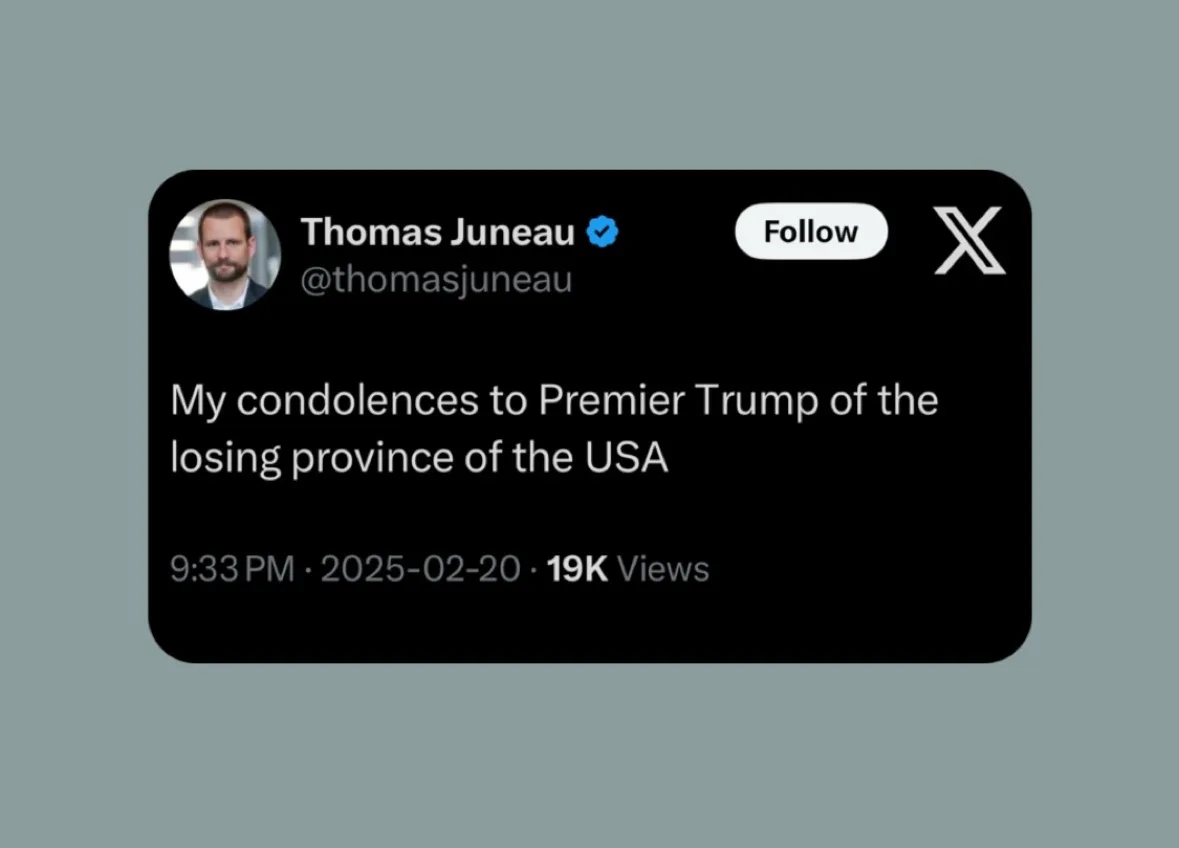 A screenshot of a tweet from Thomas Juneau, who has a verified blue checkmark, reading 'My condolences to Premier Trump of…