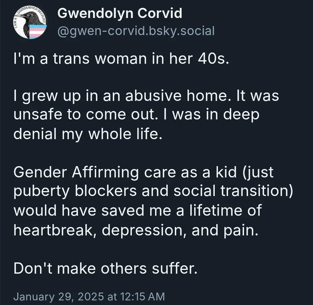 A screenshot of a social media post by user Gwendolyn Corvid, featuring white text on a dark background. The post details…