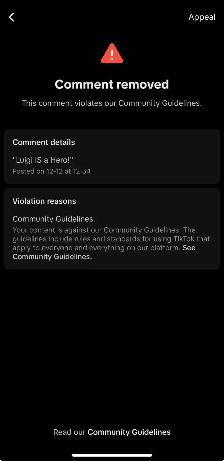 A screenshot of a TikTok comment removal notice showing a comment that read 'Luigi IS a Hero!' was removed for violating…
