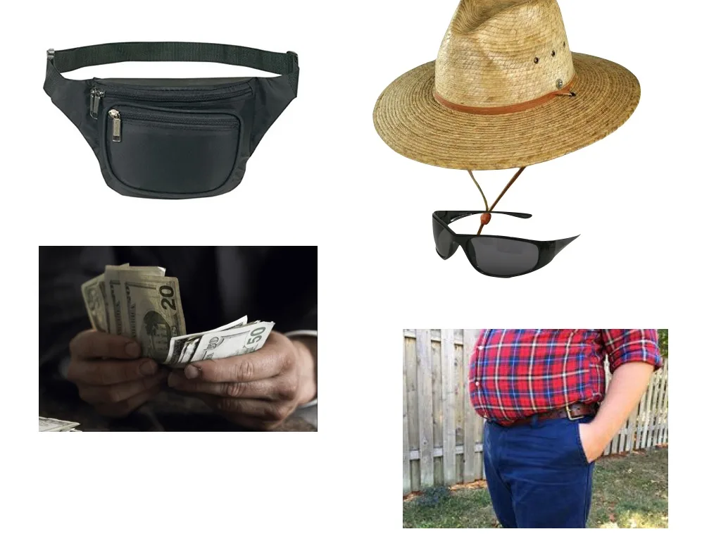 A collage of four images: a black fanny pack, a straw hat with sunglasses hanging from it, hands counting US dollar bills…