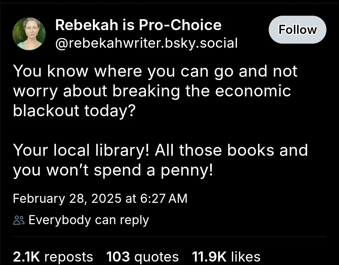 A screenshot of a social media post from 'Rebekah is Pro-Choice' on a platform resembling Bluesky, featuring white text on a…