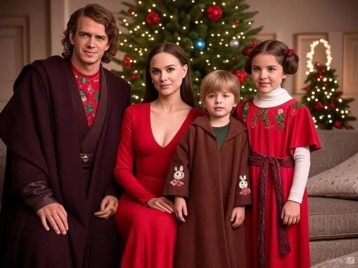 a family of four, including two adults and two children, poses in front of a decorated christmas tree. The man wears a dark…