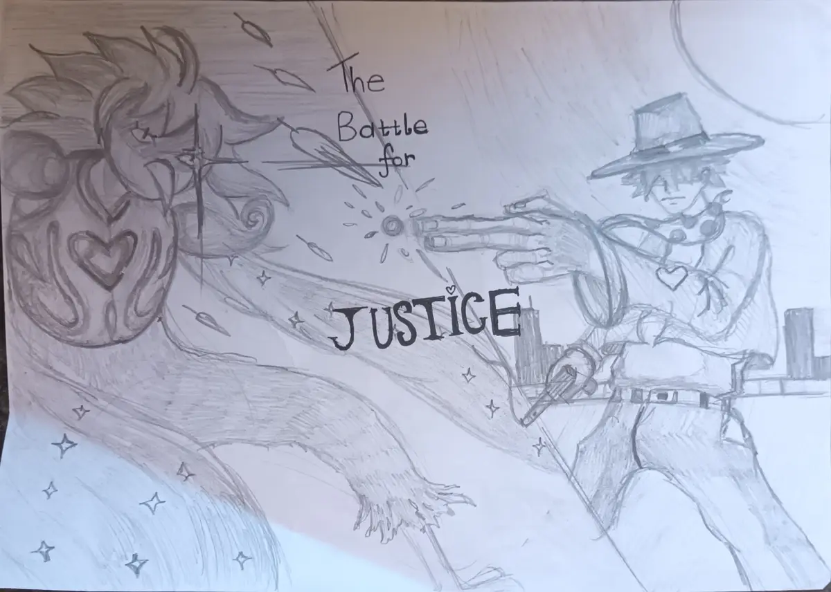 A pencil sketch depicts a cowboy-style character in a hat aiming a gun at a large, monstrous creature with a heart-shaped…