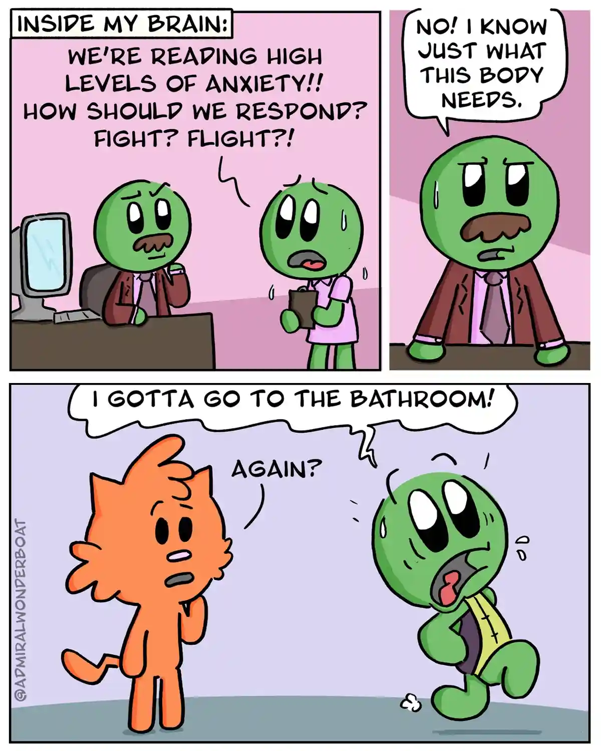 A three-panel comic shows a green, mustachioed character representing the brain and body. In the first panel, the brain and…