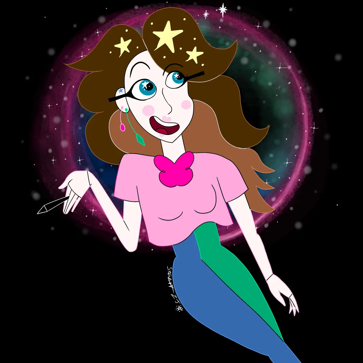 A cartoon woman with brown hair adorned with yellow stars, wearing glasses, a pink shirt with a pink bow, and a blue-green…