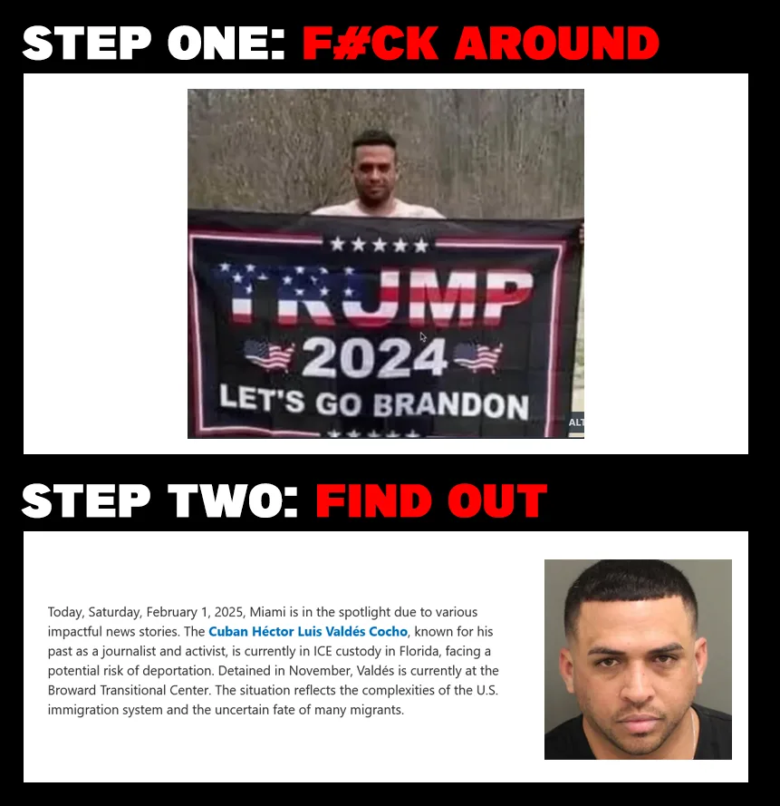 The image is a two-part meme. The top panel shows a man holding a 'TRUMP 2024 LET'S GO BRANDON' flag, with the text 'STEP…