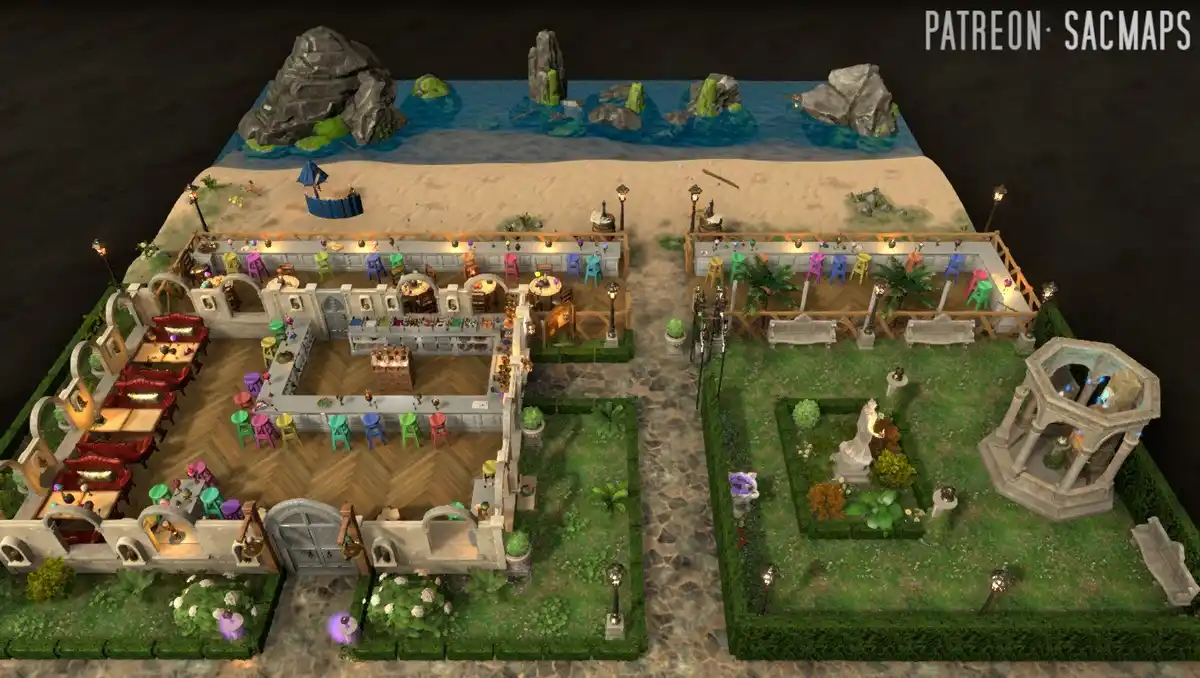 An overhead view of a detailed, colorful Sims-style digital map showing a beachfront property with two distinct areas: a…