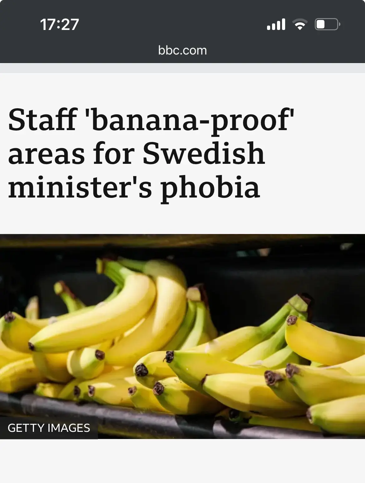 A screenshot of a BBC.com news article headline reading 'Staff 'banana-proof' areas for Swedish minister's phobia' is…