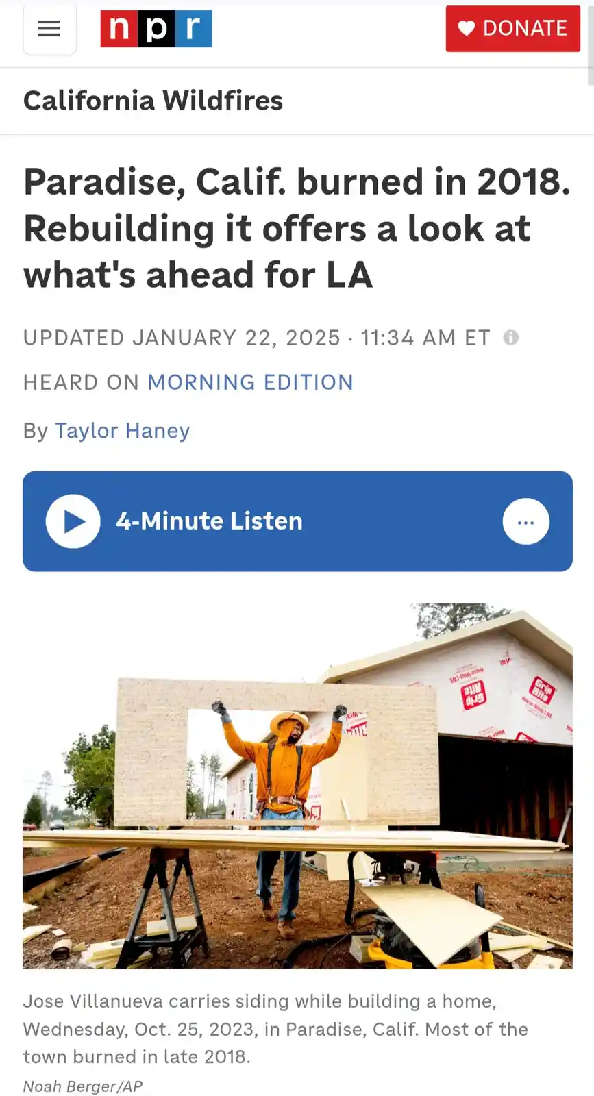 A screenshot of an NPR article about rebuilding Paradise, California after the 2018 wildfires. The image shows a…