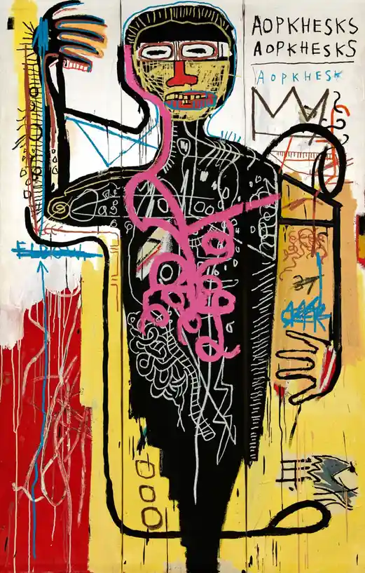 A colorful, abstract painting depicts a stylized human figure with a yellow face, red nose, and pink squiggly lines across…