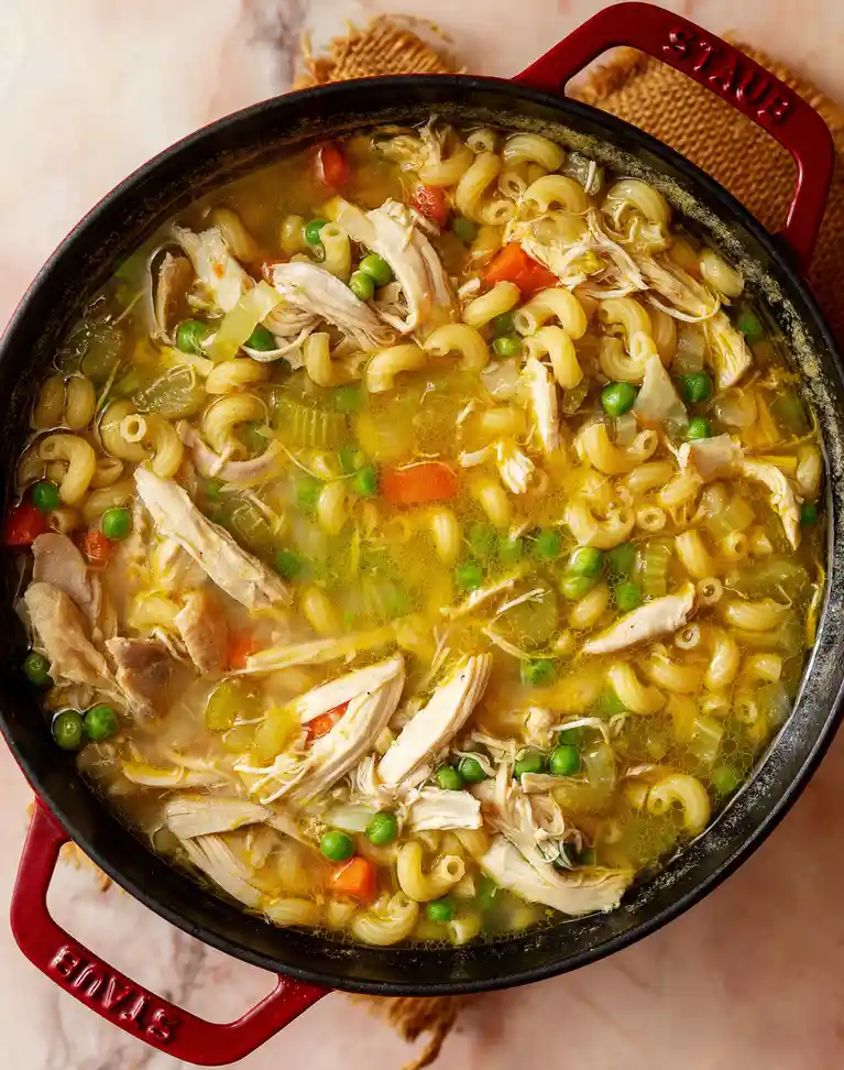 A top-down photo of a red Staub Dutch oven filled with chicken noodle soup, showing shredded chicken, elbow macaroni, peas…