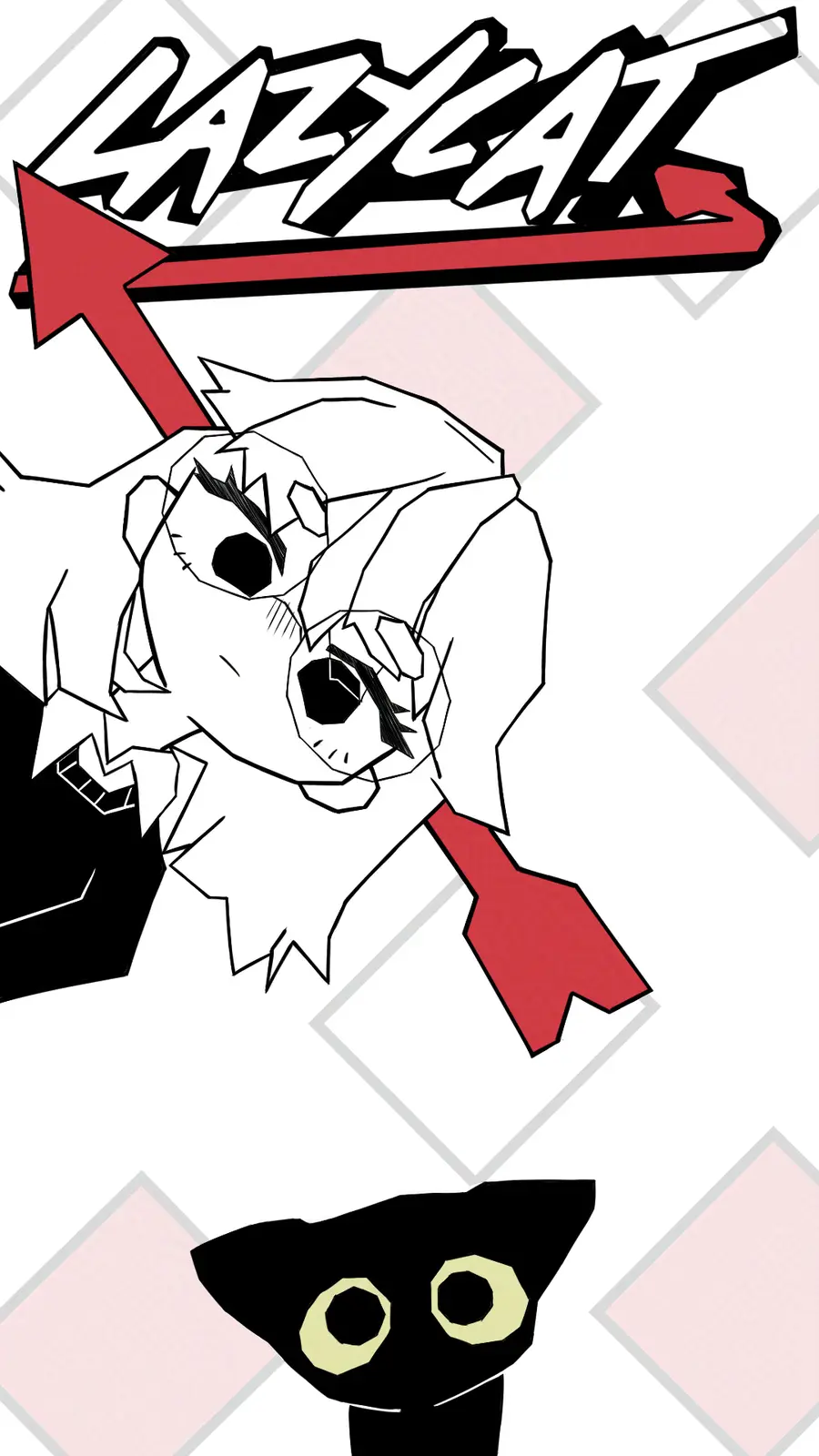 A black-and-white anime-style drawing shows a white-haired character with wide, panicked eyes and hands covering their face…