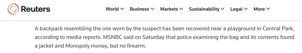 A screenshot of a Reuters news article snippet showing a headline about a backpack found near Central Park. The text states…