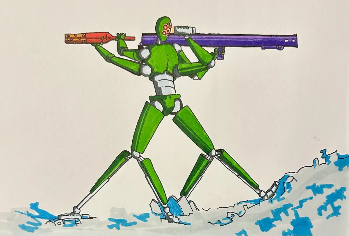 A hand-drawn green robot with a segmented body and white joints stands on a blue, jagged surface, holding a red and a purple…