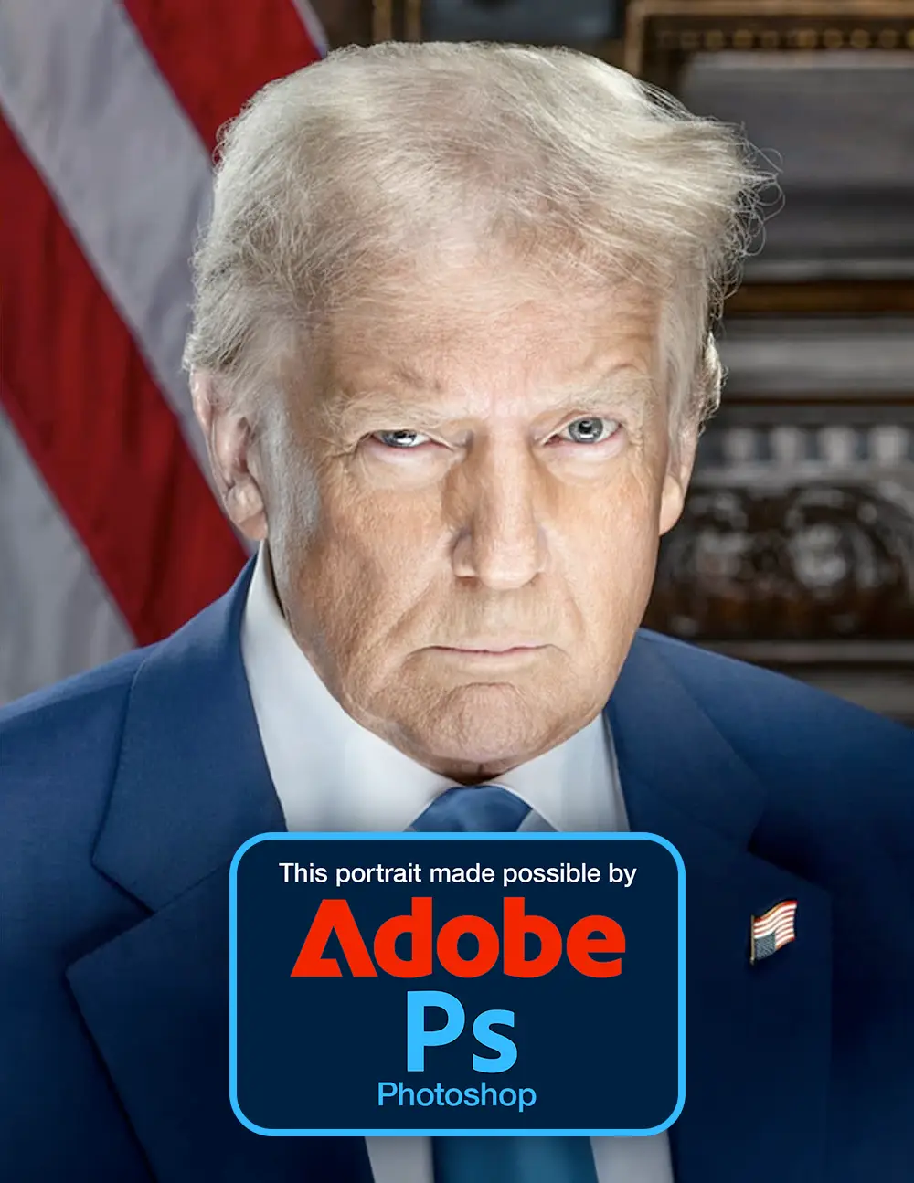 A formal portrait of Donald Trump in a blue suit and tie, with an American flag visible behind him, overlaid with a blue box…