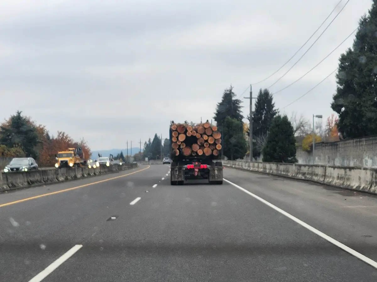 A photo taken from a car shows a large semi-truck hauling a load of logs on a multi-lane highway. The logs are stacked high…
