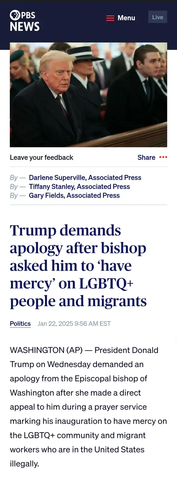 A screenshot of a PBS News article shows a photo of Donald Trump seated in a formal setting, looking serious. The headline…
