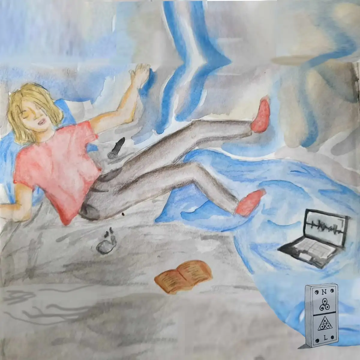 A watercolor drawing shows a person with blonde hair, wearing a red shirt and gray pants, lying on their side on a bed with…