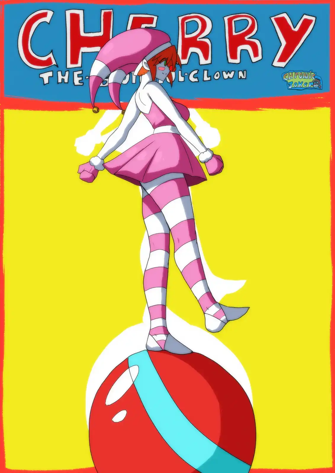 An anime-style illustration shows a character named Cherry, dressed as a clown with a pink and white jester hat, a pink and…