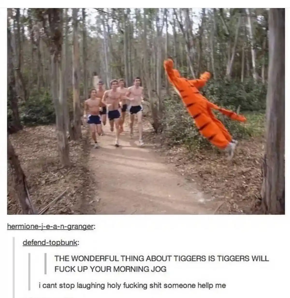 A group of shirtless men jogging on a forest path are startled by a person in a full-body orange tiger costume leaping out…