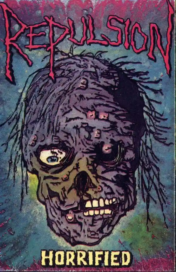 The image shows a grotesque, decaying skull with one eye bulging and teeth bared, set against a dark, textured background…