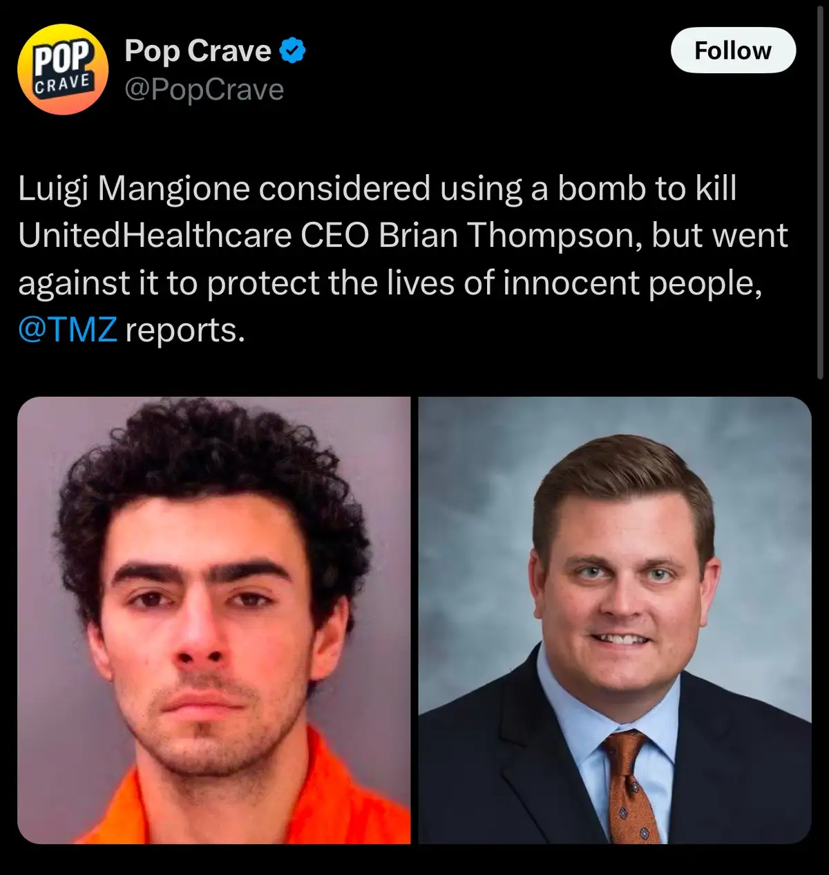 The image displays two side-by-side photos: on the left, Luigi Mangione in an orange prison jumpsuit with a neutral…