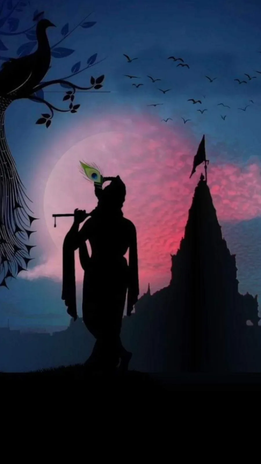 A silhouette of a figure playing a flute with a peacock feather in their hair, standing before a temple against a pink and…