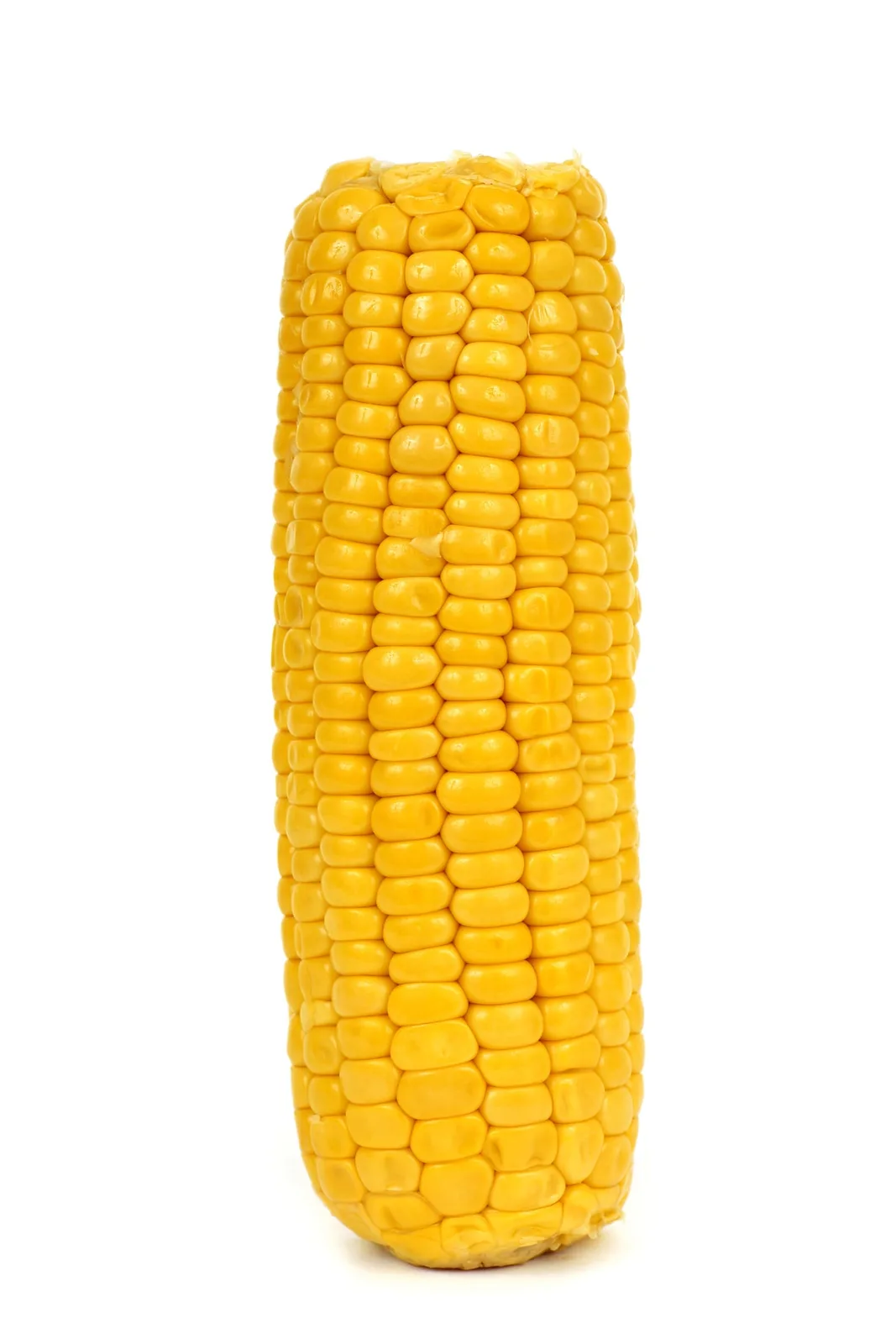 A vertically oriented, peeled yellow corn cob with visible kernels stands against a plain white background. The overlaid…