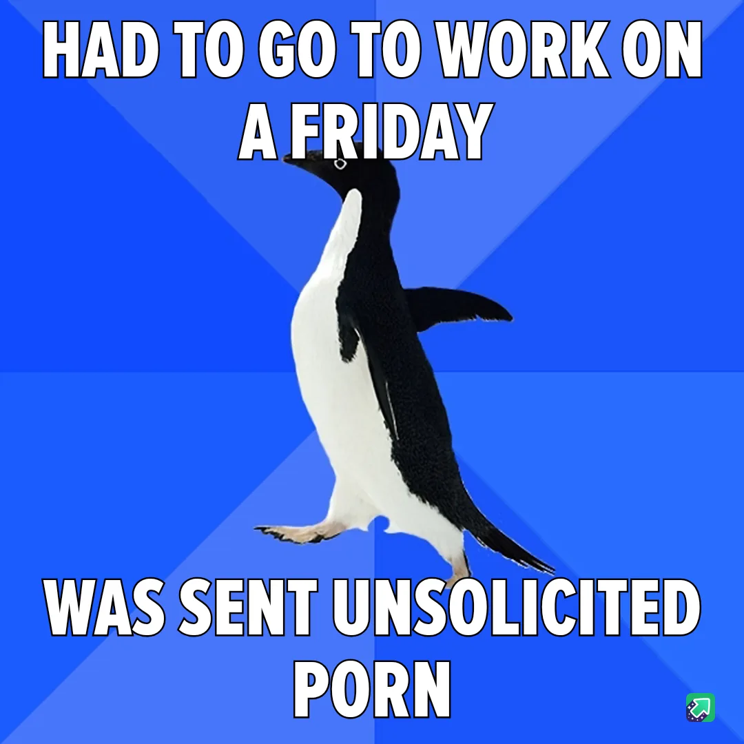 A black-and-white penguin stands upright against a blue background with diagonal stripes. White bold text at the top reads…