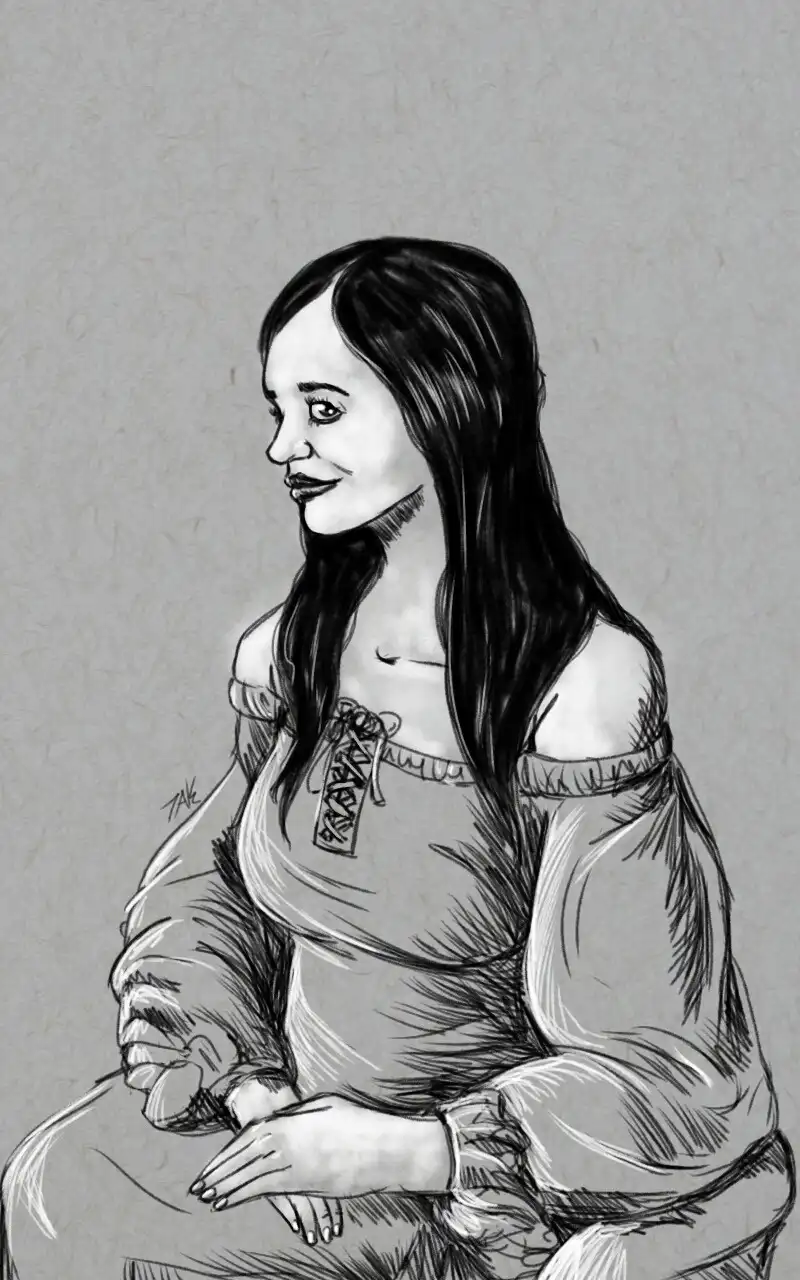 A black-and-white sketch depicts a woman resembling the Mona Lisa, but with a digitally added, exaggeratedly wide, toothy…