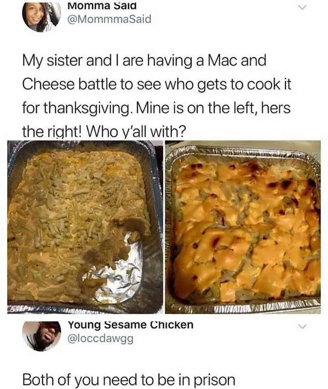 Two side-by-side photos show aluminum foil pans of mac and cheese. The left pan has a dull, uneven, and partially eaten…