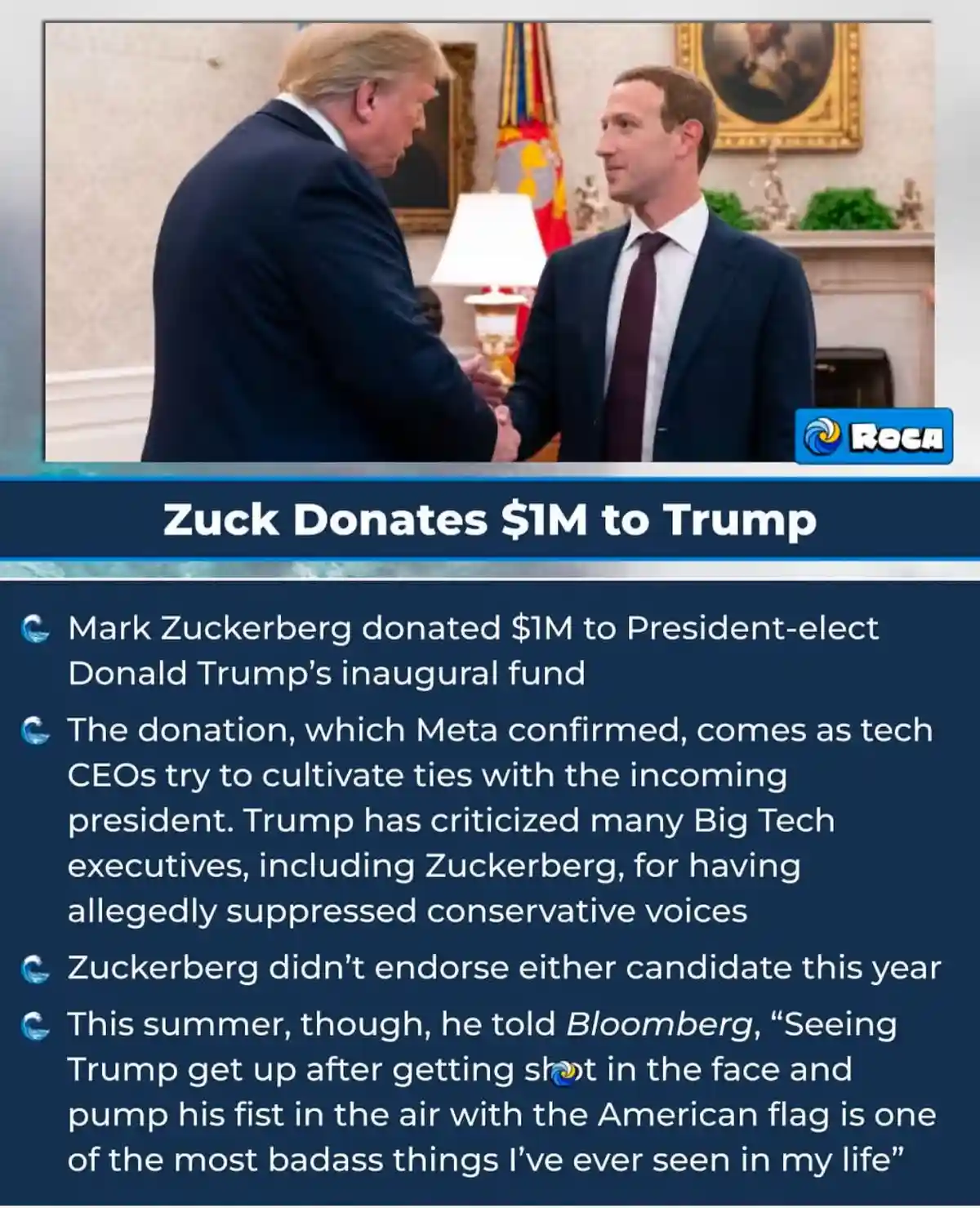 Two men in suits shake hands in an official-looking room. Overlaid text reads 'Zuck Donates $1M to Trump' and lists facts…