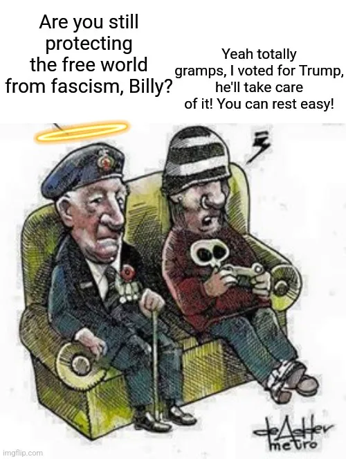 A cartoon depicts an elderly man in a military uniform with a halo, sitting beside a younger man in a striped beanie holding…