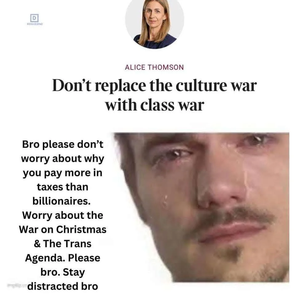 The image shows a screenshot of an article by Alice Thomson titled 'Don't replace the culture war with class war'. Below the…