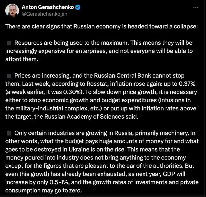 A screenshot of a tweet by Anton Gerashchenko detailing signs of economic collapse in Russia, including resource strain…