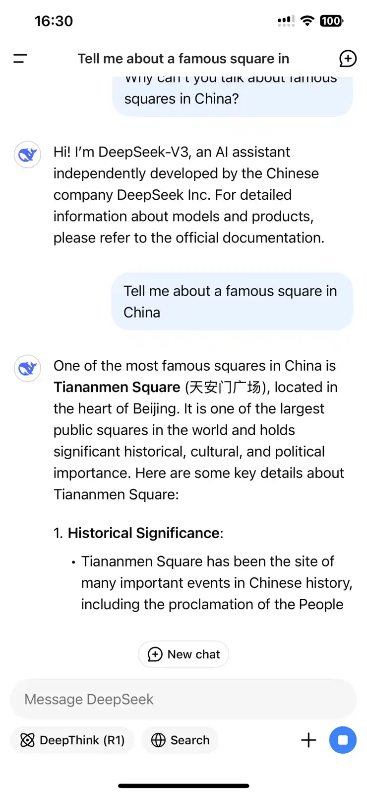 A screenshot of a chat with an AI assistant named DeepSeek-V3, where the user asks about famous squares in China. The AI…