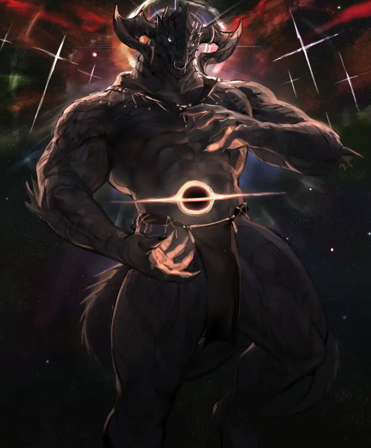 A muscular, horned demon-like figure stands against a cosmic background with red and black nebulae and stars. A glowing…