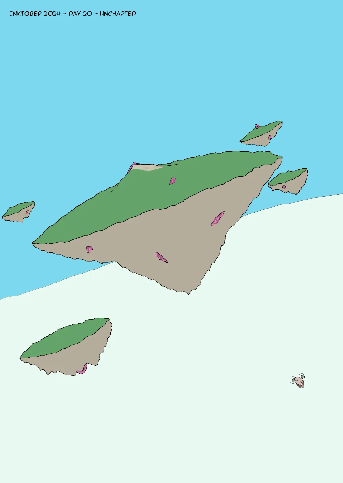 A simple hand-drawn map shows several islands with green tops and brown bottoms, surrounded by blue water and a light green…