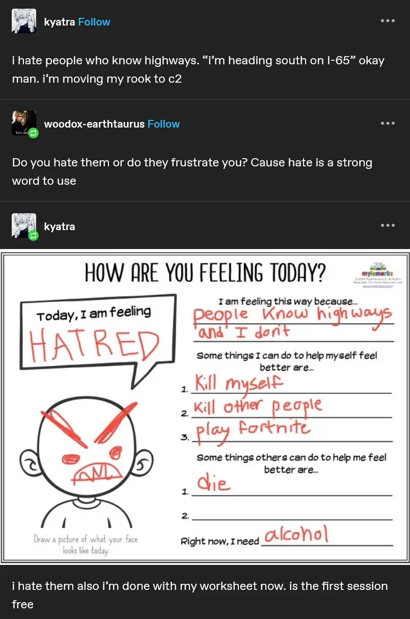 A hand-drawn, emotionally exaggerated 'How Are You Feeling Today?' worksheet shows a furious cartoon character with a speech…