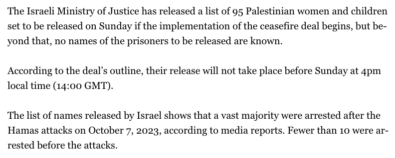 The image displays a block of text from a news article detailing the Israeli Ministry of Justice's release of a list of 95…