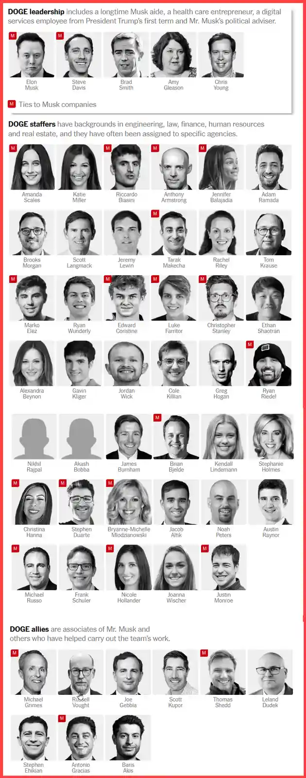 The image displays a mock organizational chart for 'DOGE' with three sections: 'leadership,' 'staffers,' and 'allies,' each…