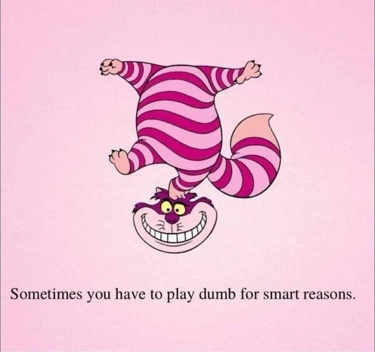 A cartoon illustration of the Cheshire Cat from Alice in Wonderland, depicted upside down with its striped pink and magenta…