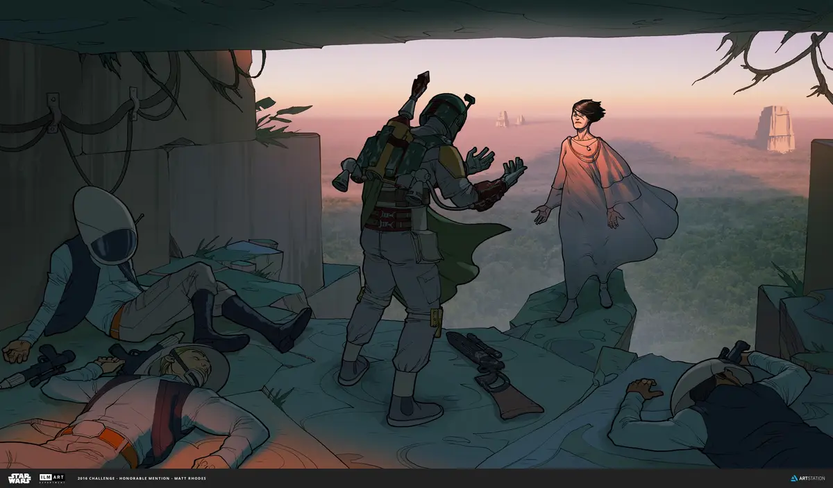 An illustration shows Boba Fett in his iconic armor facing a woman in a flowing robe, with several fallen figures around…