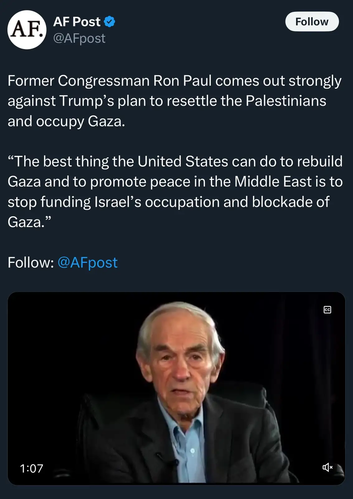 A screenshot of a tweet from AF Post featuring a video clip of former congressman Ron Paul speaking. The tweet text states…