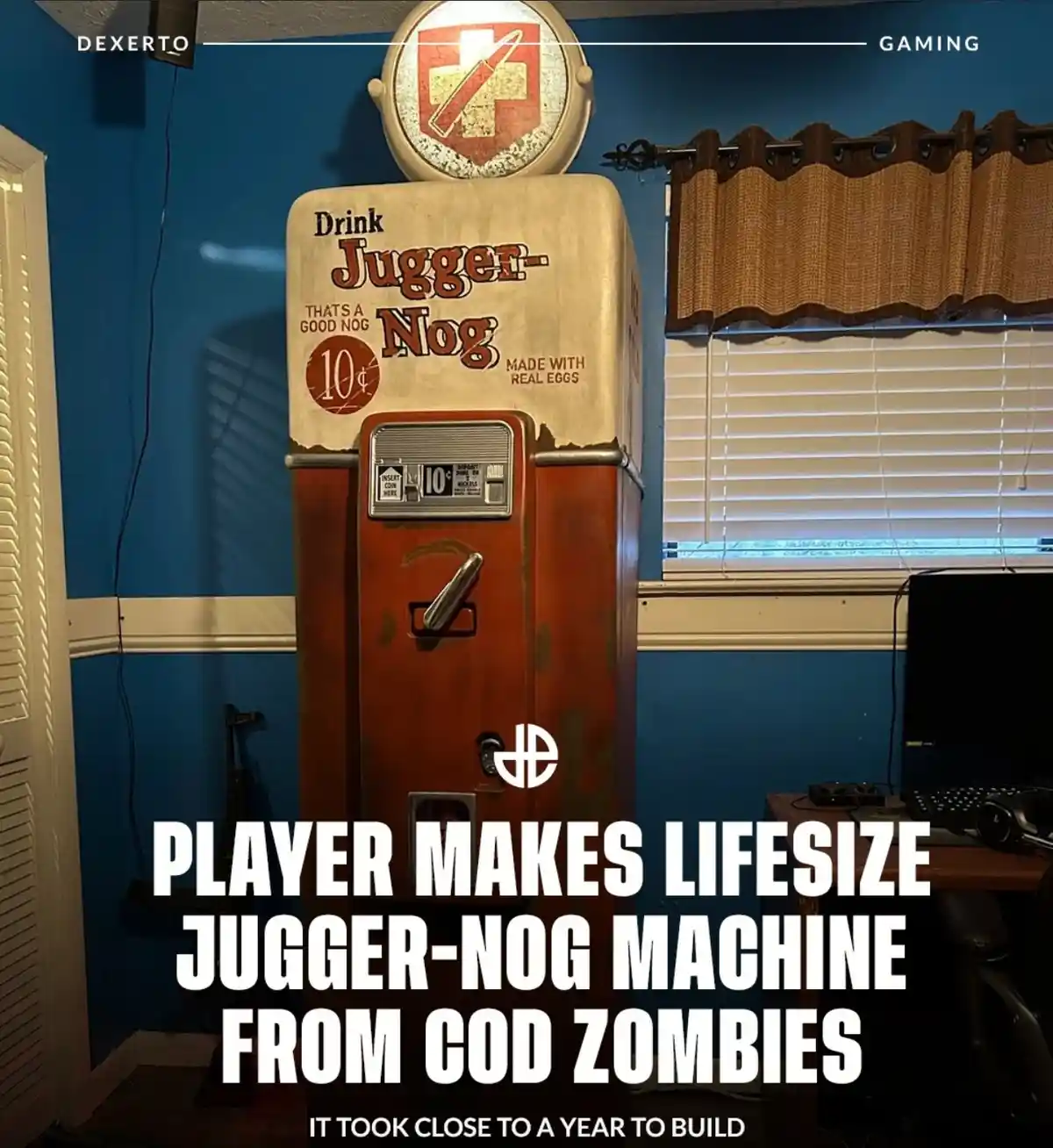 A real-life, vintage-style vending machine labeled 'Drink Jugger-Nog' with '10¢' and 'Made with Real Eggs' text stands in a…