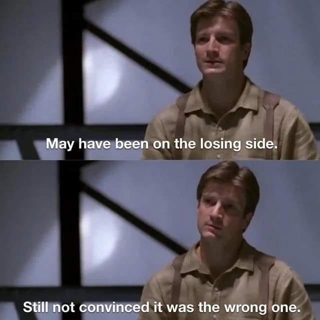 Two-panel meme featuring actor Nathan Fillion as a character in a beige shirt and suspenders, looking thoughtful. The top…