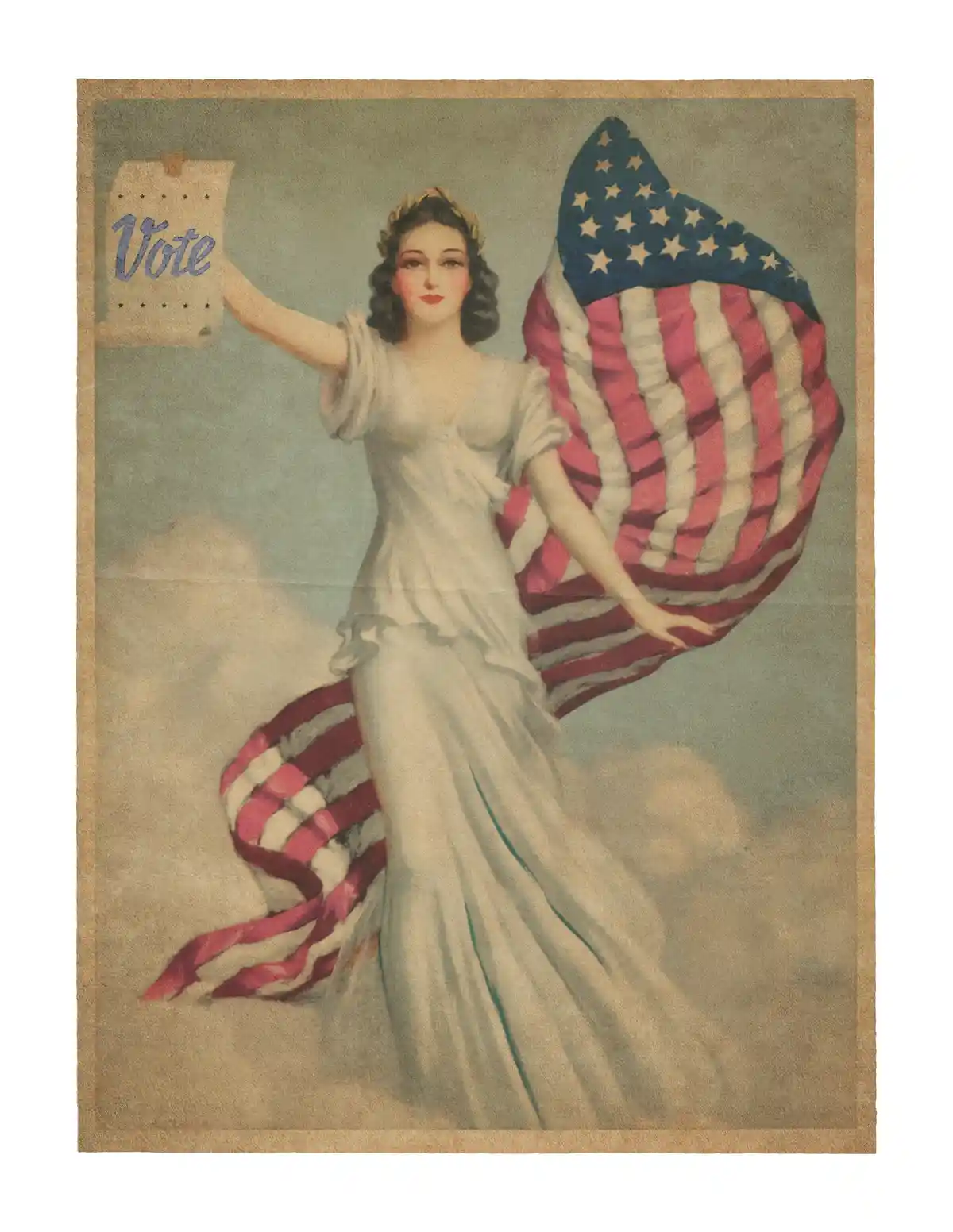 A vintage American political poster depicts a woman in a white gown and crown, draped in the American flag, holding up a…