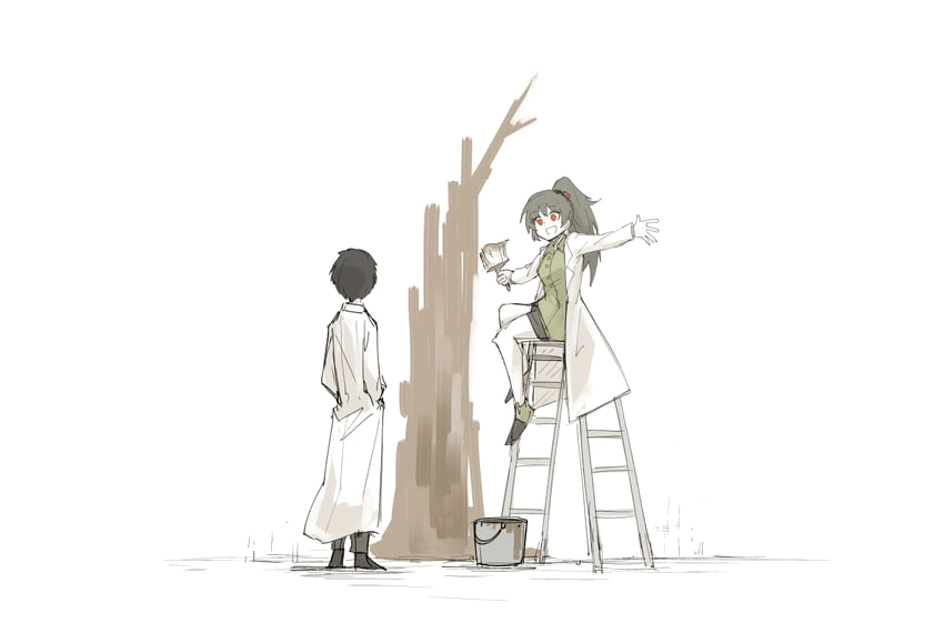 A collage of six anime-style illustrations showing various characters painting a large tree, with one central panel…