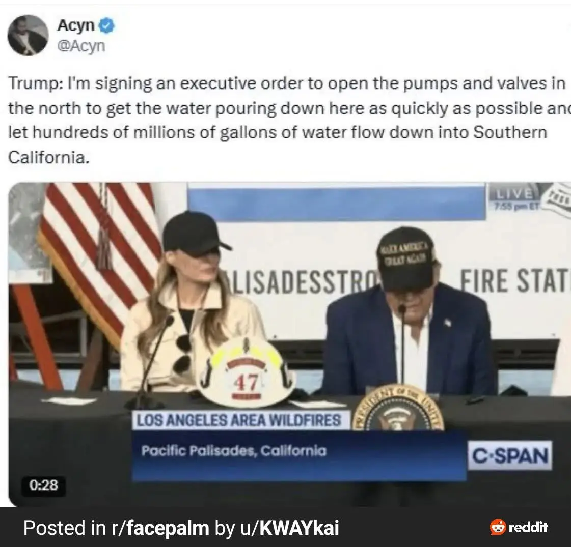 A screenshot from a C-SPAN broadcast shows Donald Trump and Melania Trump seated at a press conference table in Pacific…